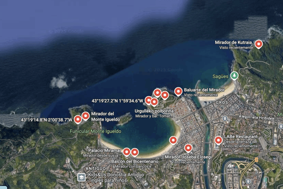 Mapa google de Miradores de San Sebastián y Gipuzkoa