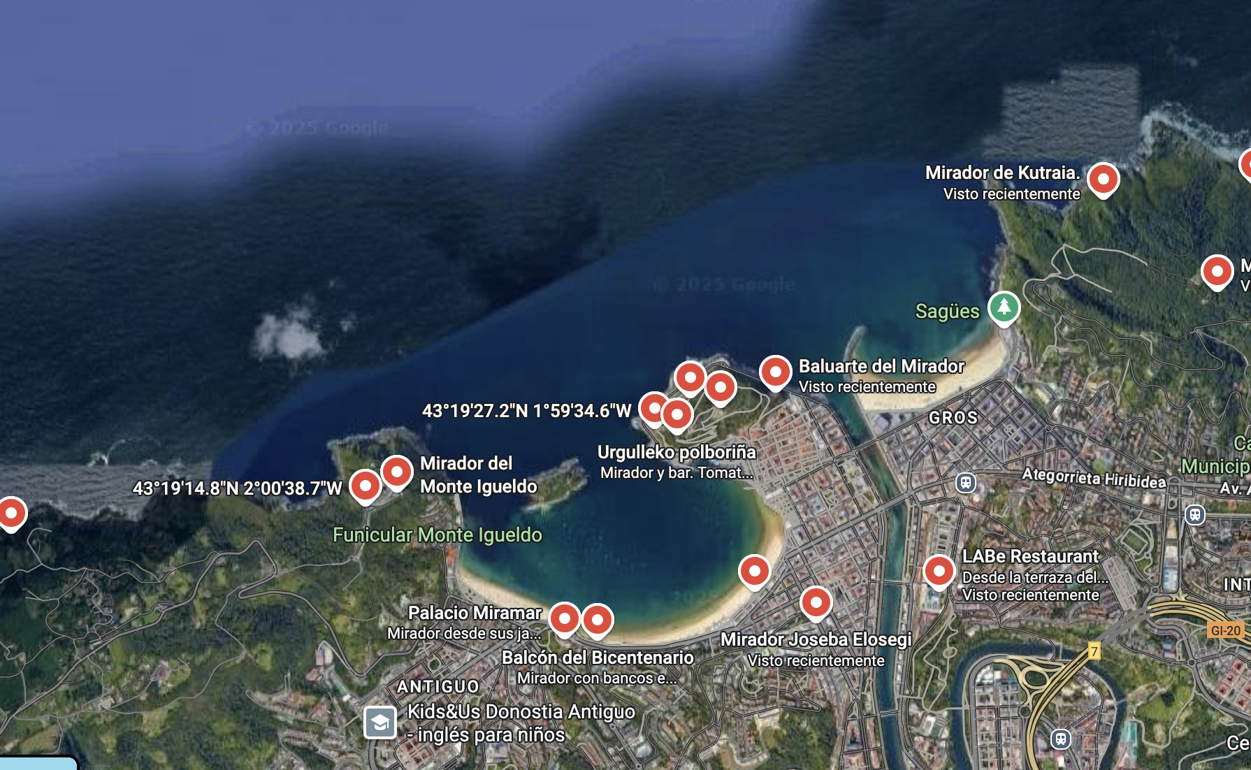 Mapa google de Miradores de San Sebastián y Gipuzkoa